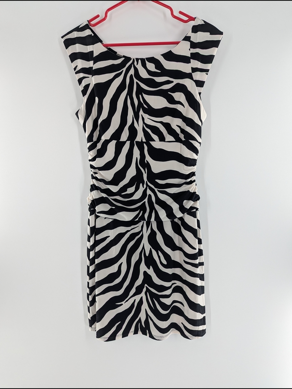 Bisou Bisou Zebra Print Ruched Dress Cocktail Party Medium Black White Sleeveles